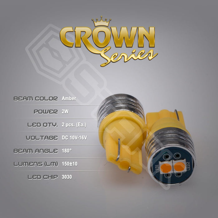 2.3W Bulbs - LED Bulbs - Crown Series 3030 Max Intensity - 6 pcs SMD Chip - CanBUS - T10 168 175 194 2825 W5W - Yellow Amber (1 Pair)