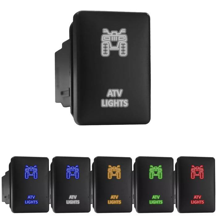 ATV LIGHTS - Short Push Switch with Backlit Symbol Compatible with Toyota ON-OFF with Connector Wire Kit - Size 0.87 x 1.28 x 2 inches