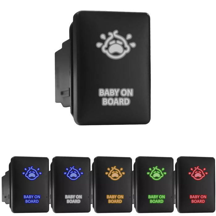 BABY ON BOARD - Short Push Switch with Backlit Symbol Compatible with Toyota ON-OFF with Connector Wire Kit - Size 0.87 x 1.28 x 2 inches