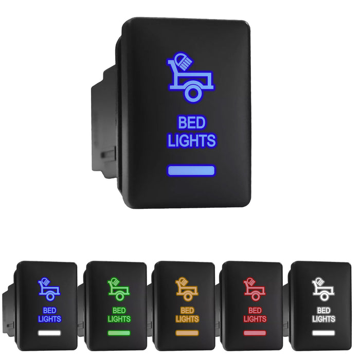 BED LIGHTS - Short Push Switch with Backlit Symbol Compatible with Toyota ON-OFF with Connector Wire Kit - Size 0.87 x 1.28 x 2 inches