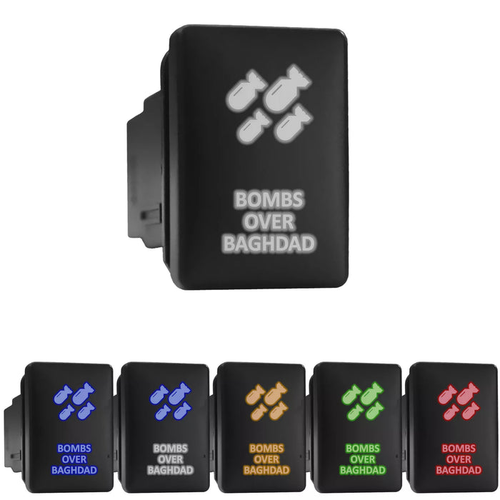 BOMBS OVER BAGHDAD - Short Push Switch with Backlit Symbol Compatible with Toyota ON-OFF with Connector Wire Kit - Size 0.87 x 1.28 x 2 inches