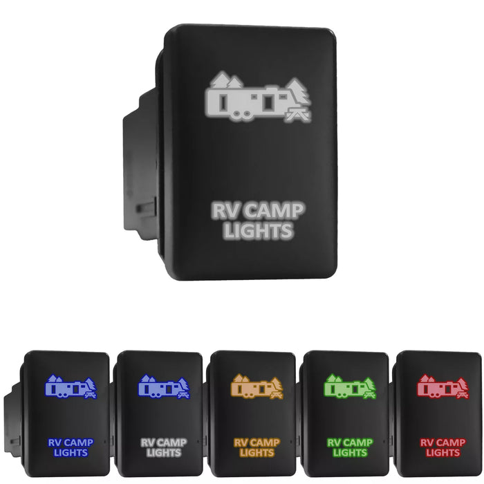 CAMP LIGHT - Short Push Switch with Backlit Symbol Compatible with Toyota ON-OFF with Connector Wire Kit - Size 0.87 x 1.28 x 2 inches