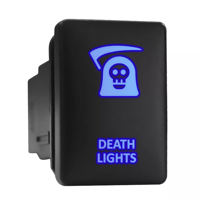 DEATH LIGHTS - Short Push Switch with Backlit Symbol Compatible with Toyota ON-OFF with Connector Wire Kit - Size 0.87 x 1.28 x 2 inches