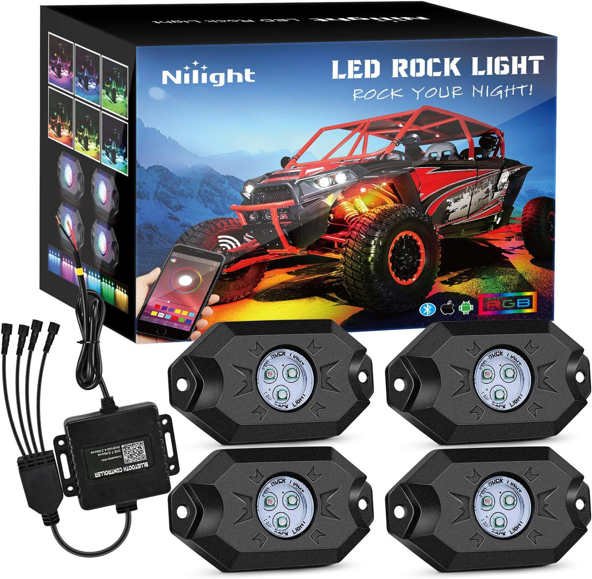 Rock Light On Ebox RGB LED Rock Lights Kit 4 pods Underglow Multicolor Neon Light with Bl ...